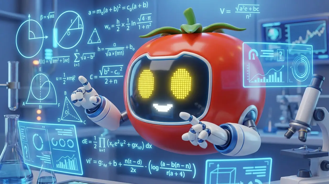 ChopReality 3D tomato robot beside a blackboard of sums